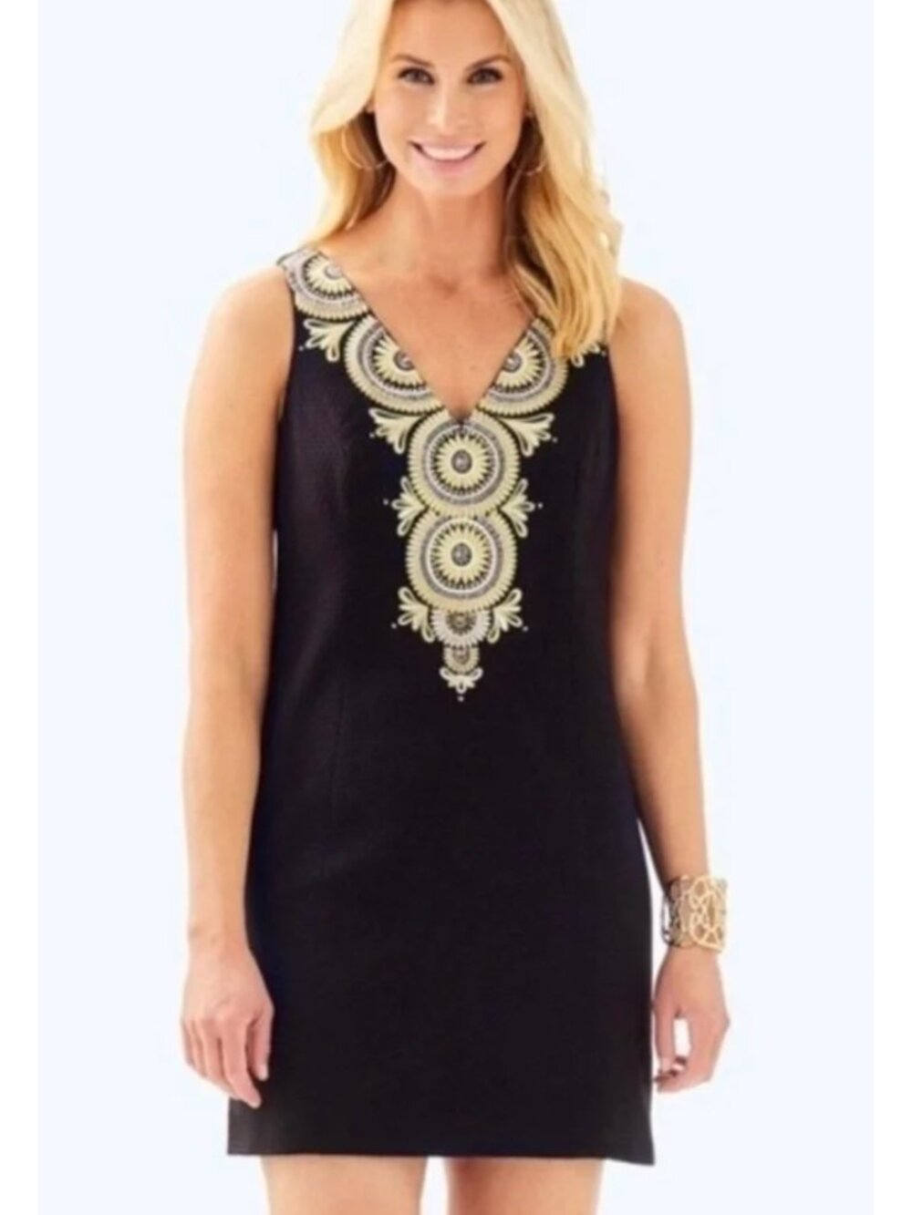 Lilly Pulitzer Gabby Shift Dress Black Gold Embroidered Beaded Cocktail Size 12